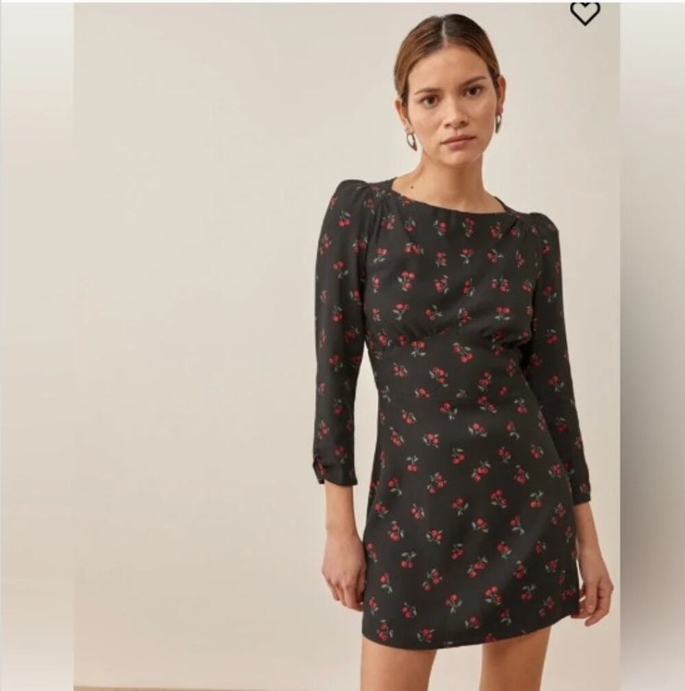 Reformation Tamra Black Cherry‎ Print Long Sleeve Mini Dress Romantic Cute Sz 8